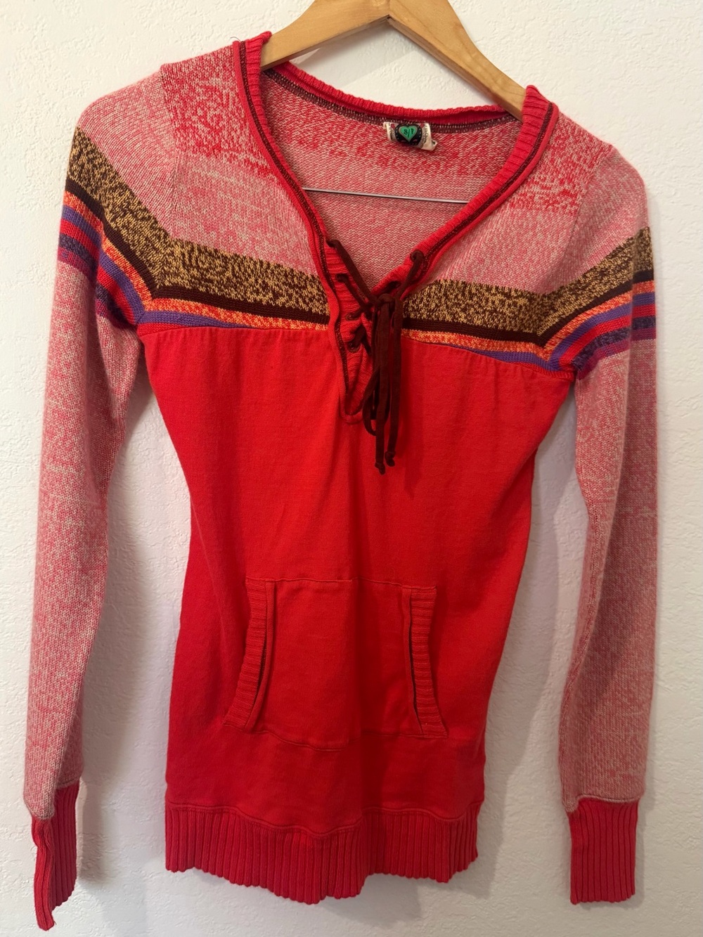 Free People Vintage y2k Henley Red Pullover Sweater with Patterned Yoke- Small